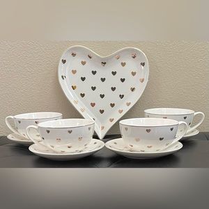 11pc Elegance Gold White Heart Tea Set Cups, Saucers, Dessert Plate, Cream Sugar